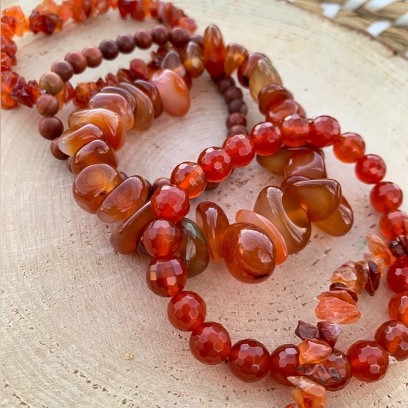 Natural Dark Orange Carnelian & Fire Agate Gemstone Mixed Bead Bracelet Stack - Picture 10 of 14